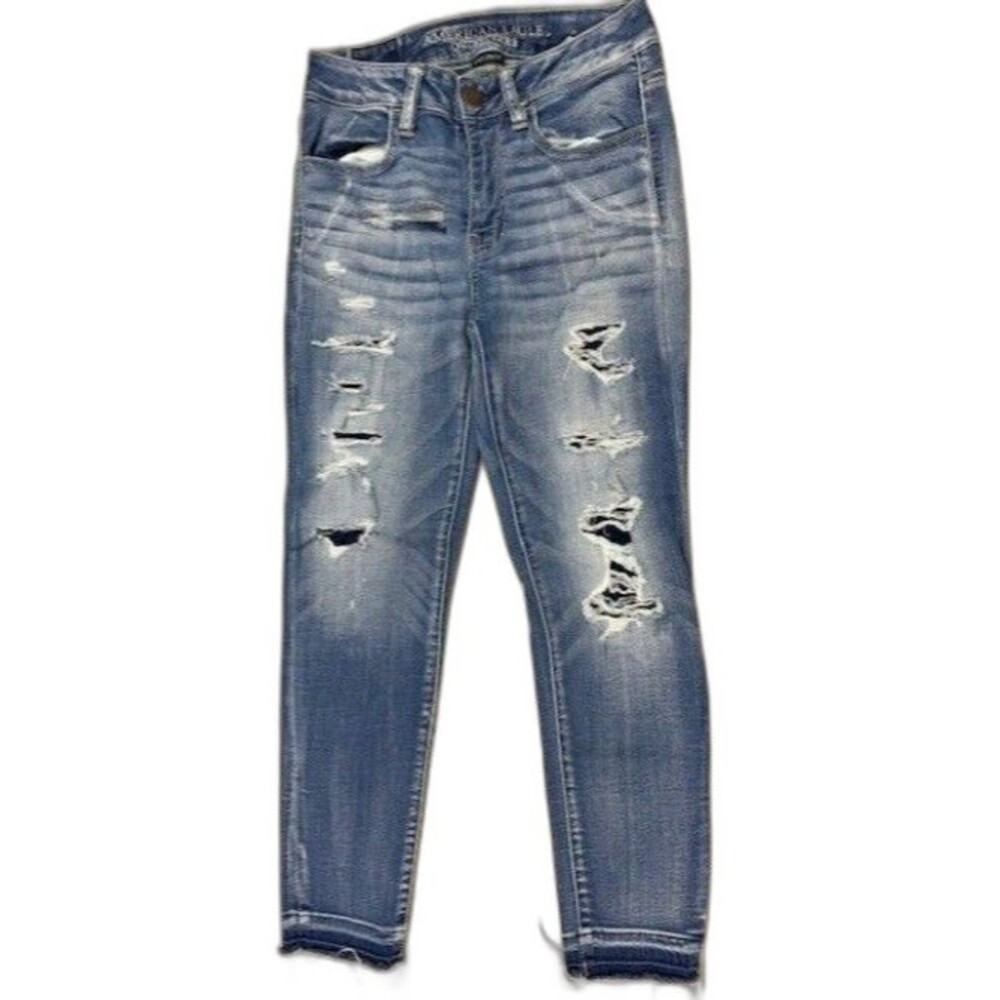 American Eagle Size 2 Long Womens Jeans Hi Rise Jegging Crop Stretch Distress